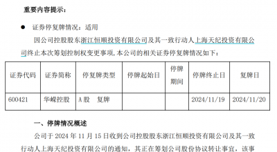 明日复牌！又有A股宣布，终止筹划控股权变更